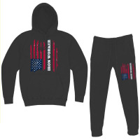 Distressed American Flag   Iron Worker Long Sleeve Tee Hoodie & Jogger Set | Artistshot