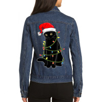 Black Cat Tangled Up In Christmas Lights Santa Hat Cat Kitty Ladies Denim Jacket | Artistshot