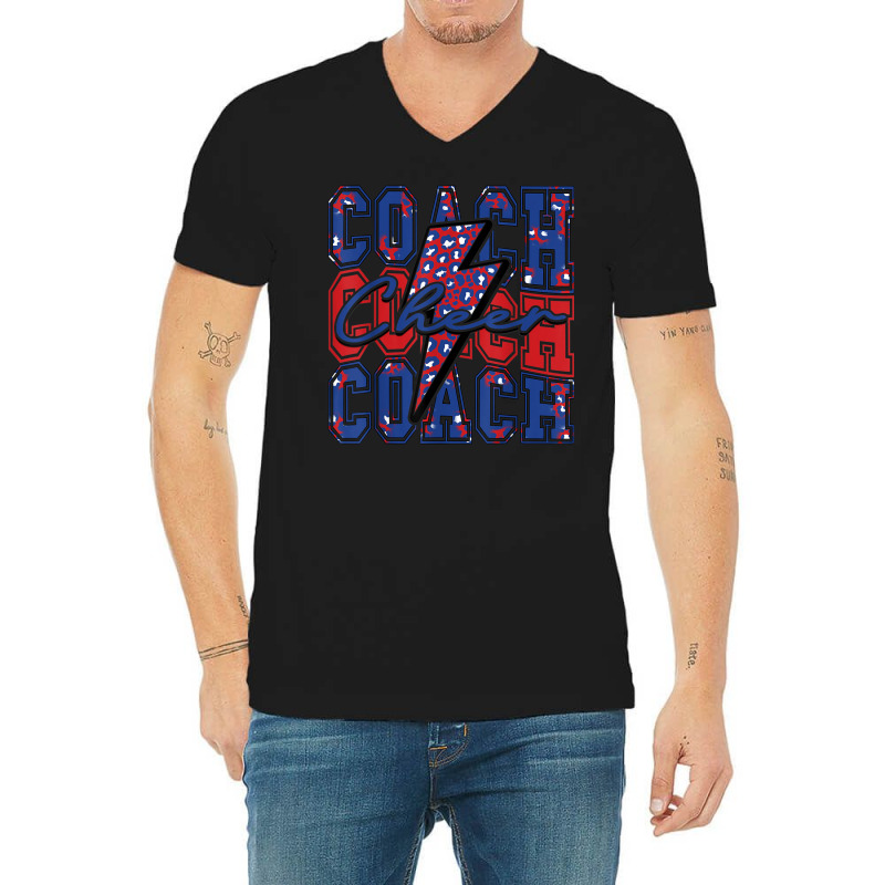 Cheer Coach Lightning Bolt Cheer Leopard Blue Red V-Neck Tee by Moose | Artistshot