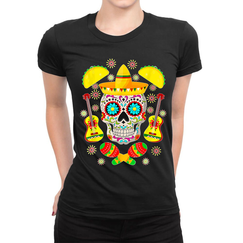 Fiesta Party Sugar Skull Rose Calavera Mexican Cinco De Mayo T Shirt Ladies Fitted T-Shirt by JillMarie | Artistshot