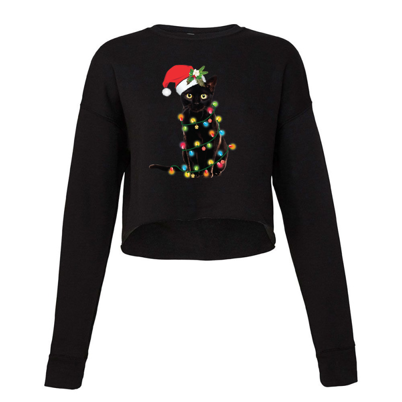 Black Santa Cat Tangled Up In Lights Christmas Santa Illustration Cropped Sweater by LawrenceKemp | Artistshot