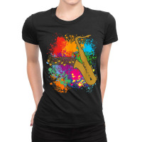 Saxophonesilhouette With Musical Notes On Paintsplashes Ladies Fitted T-shirt | Artistshot