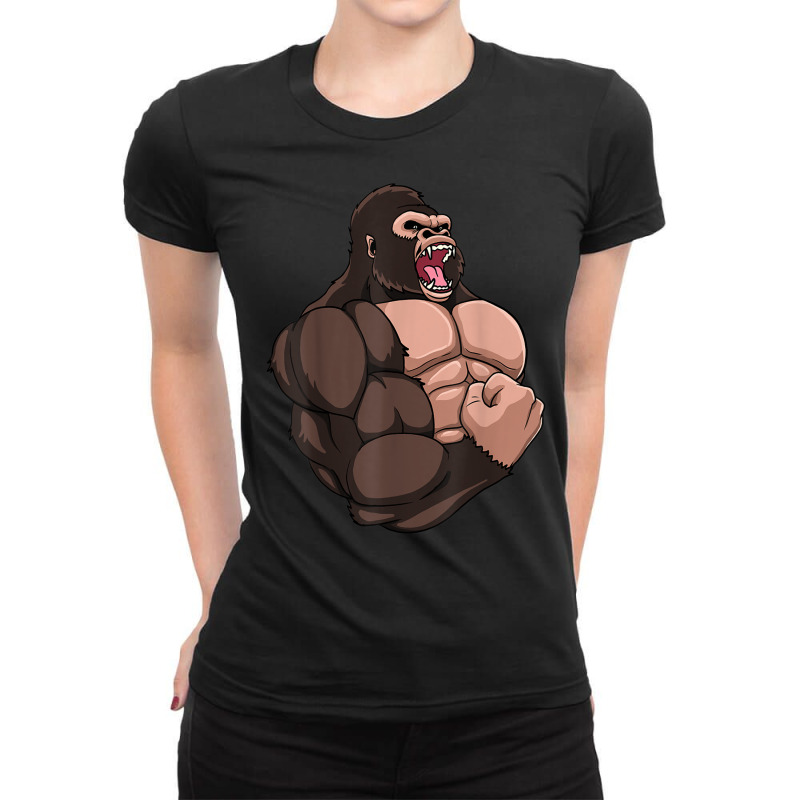 Gym Gorilla Muscular Trainer Bulking Building Ape Work Out T Shirt Ladies Fitted T-Shirt by cm-arts | Artistshot