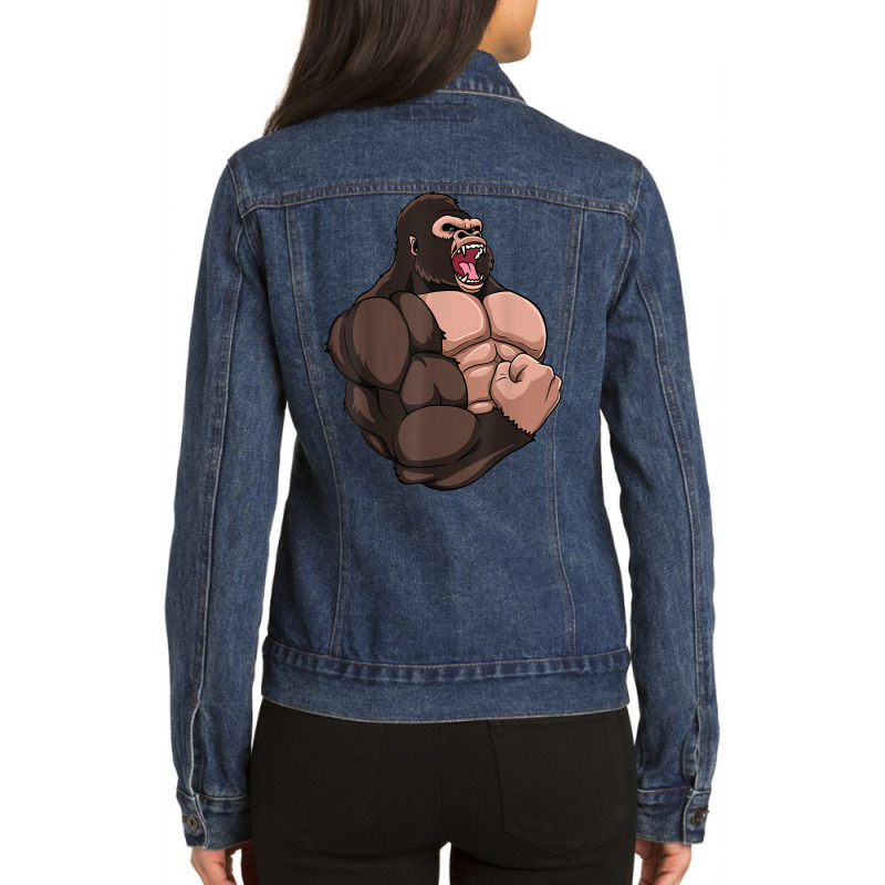 Gym Gorilla Muscular Trainer Bulking Building Ape Work Out T Shirt Ladies Denim Jacket by cm-arts | Artistshot