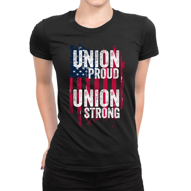 Union Proud Union Strong American Flag Iron Worker Hoodie Ladies Fitted T-Shirt by cm-arts | Artistshot