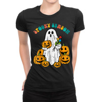 Ghost Pumpkins Spooky Season Retro Groovy Halloween Ladies Fitted T-shirt | Artistshot