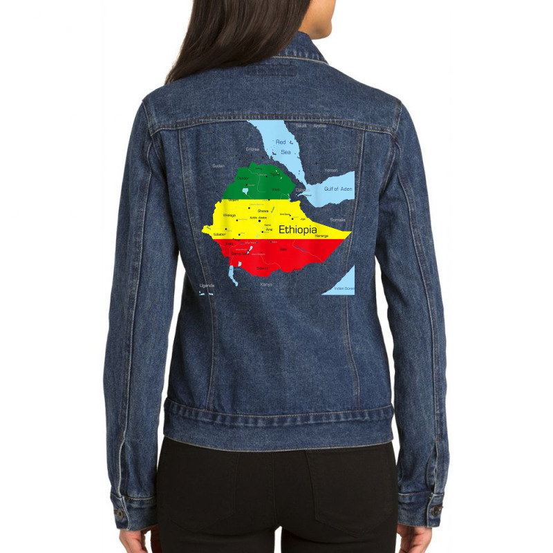 Ethiopia Map. Ethiopian Habesha Flag, Location And Pride T Shirt Ladies Denim Jacket by cm-arts | Artistshot