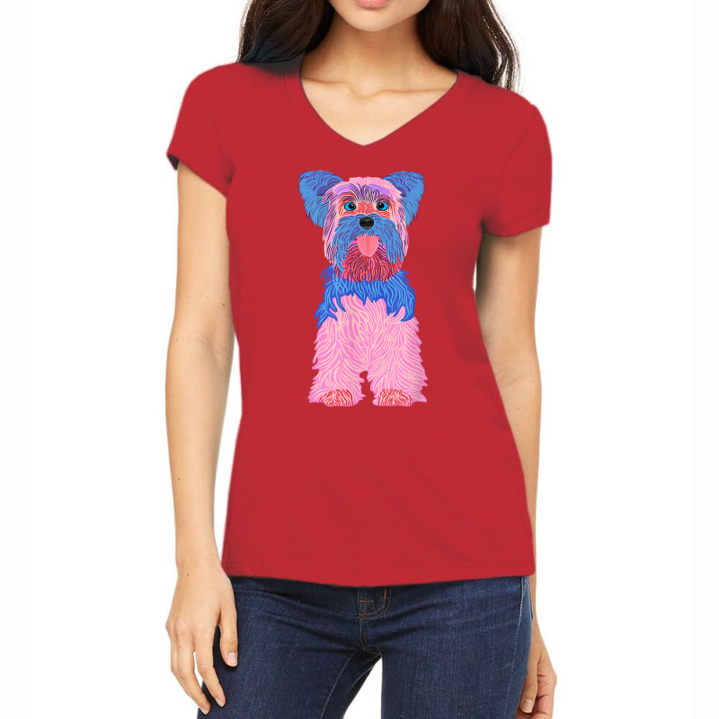 Yorkshire Terrier, Dog, Pink, Blue, Funny, Crazy T Shirt Women's V-Neck T-Shirt by cm-arts | Artistshot