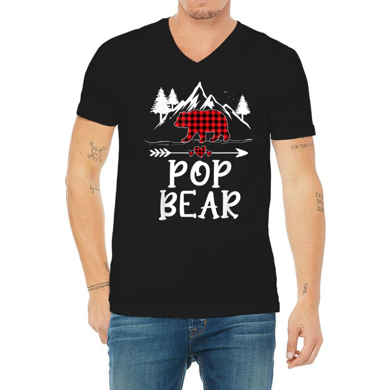 Mens Pop Bear Christmas Pajama Red Plaid Buffalo Matching V-neck Tee | Artistshot