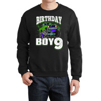 Kids Monster Truck Birthday Boy Is 9 Kids 9th Birthday Car Party Crewneck Sweatshirt | Artistshot