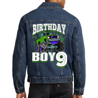 Kids Monster Truck Birthday Boy Is 9 Kids 9th Birthday Car Party Men Denim Jacket | Artistshot