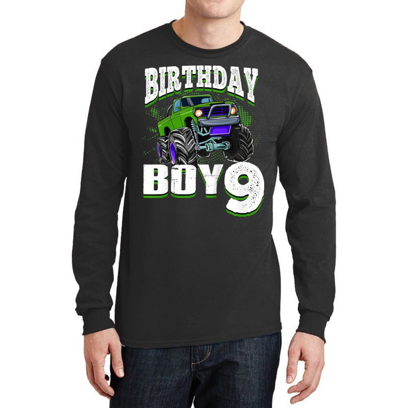 Kids Monster Truck Birthday Boy Is 9 Kids 9th Birthday Car Party Long Sleeve Shirts | Artistshot