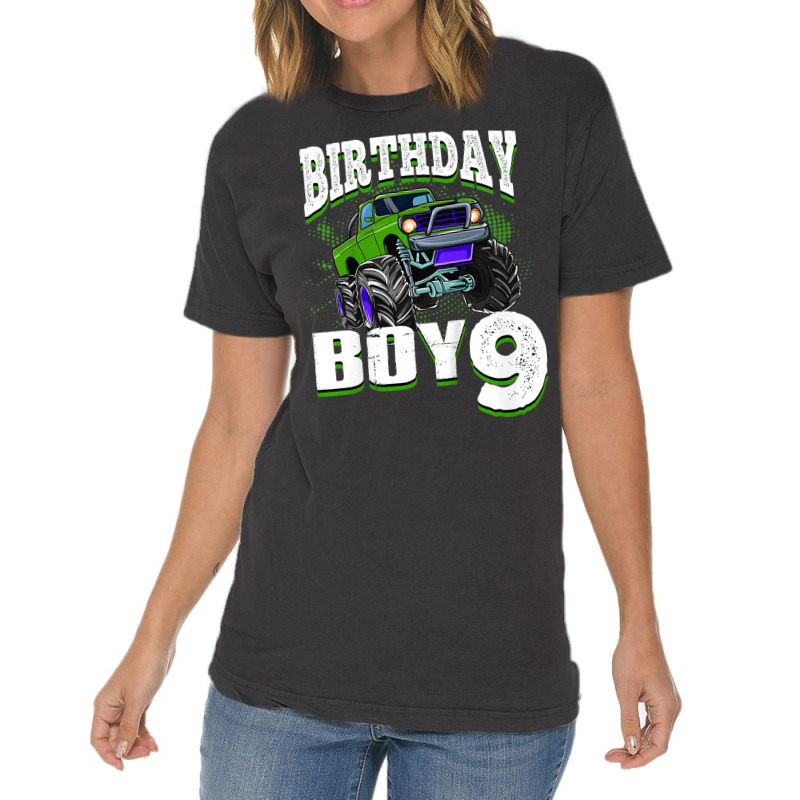 Kids Monster Truck Birthday Boy Is 9 Kids 9th Birthday Car Party Vintage T-shirt | Artistshot