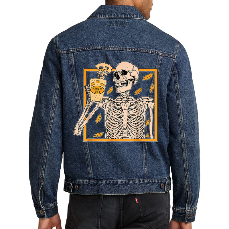 Vintage Halloween Skeleton Pumpkin Spice Latte Syrup Creamer T Shirt C Men Denim Jacket | Artistshot