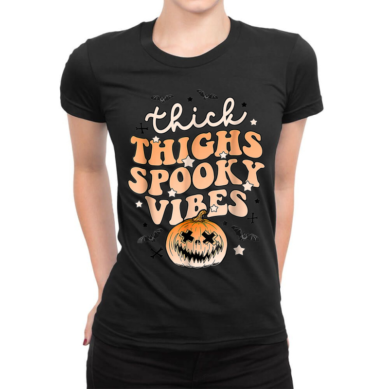 Thick Thighs Spooky Vibes Ghost Pumpkin Halloween Costume Ladies Fitted T-Shirt by Sapphire | Artistshot