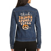 Thick Thighs Spooky Vibes Ghost Pumpkin Halloween Costume Ladies Denim Jacket | Artistshot