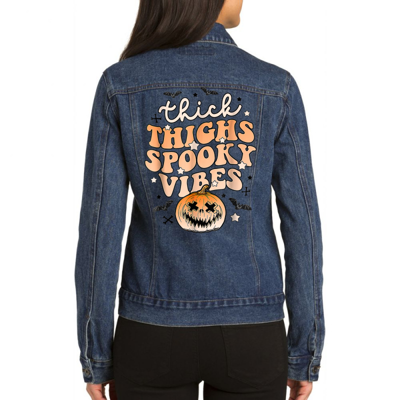 Thick Thighs Spooky Vibes Ghost Pumpkin Halloween Costume Ladies Denim Jacket by Sapphire | Artistshot