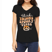 Thick Thighs Spooky Vibes Ghost Pumpkin Halloween Costume Women's V-neck T-shirt | Artistshot