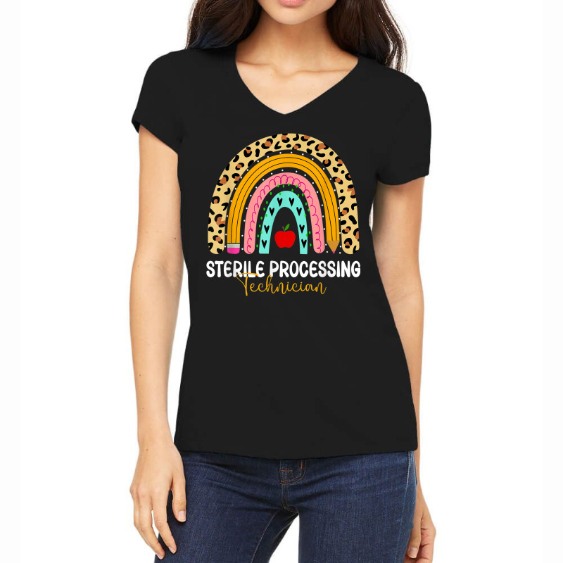 Sterile Processing Technician Leopard Rainbow Healthcare Women's V-Neck T-Shirt by Fashlaza | Artistshot