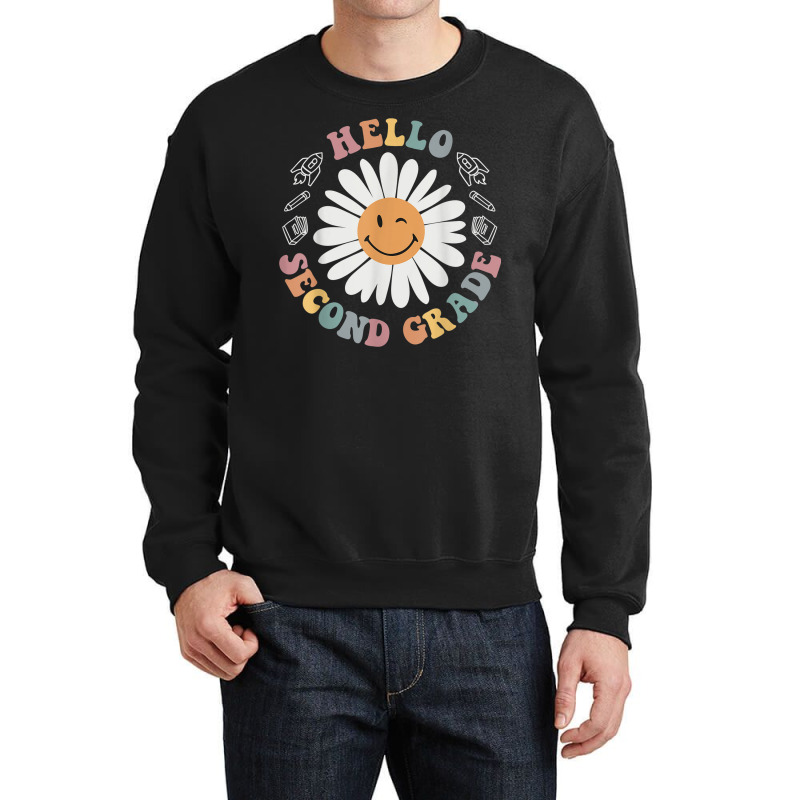 Hello Second 2nd Grade Smile Teacher Flower Groovy Crewneck Sweatshirt by Sapphire | Artistshot