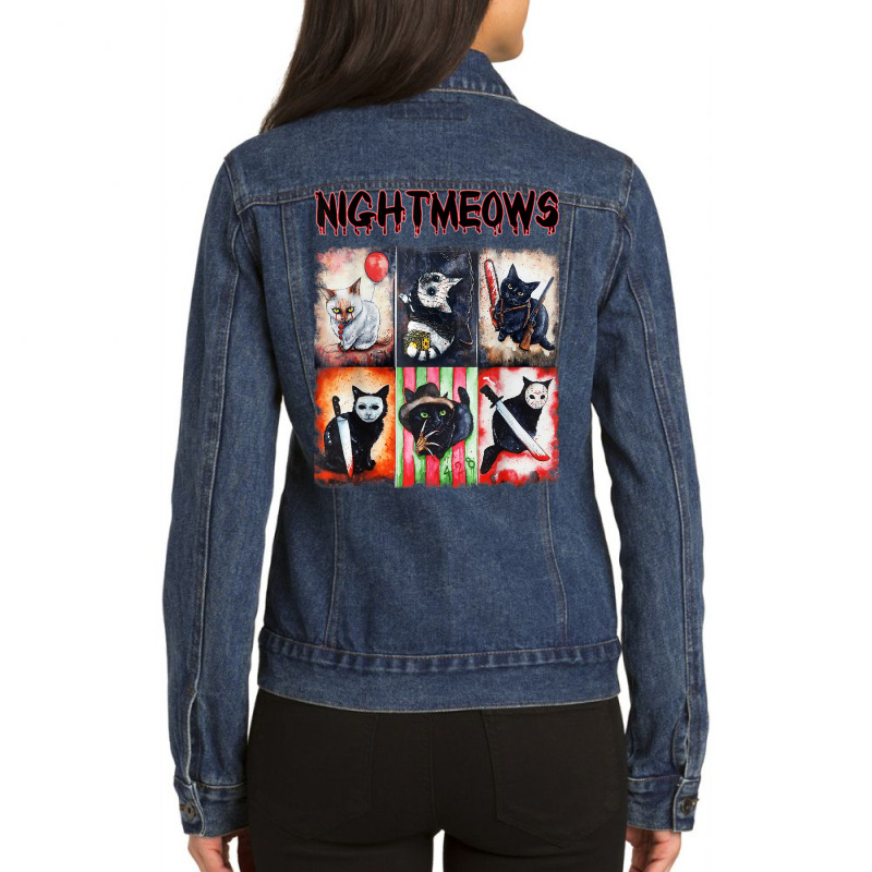 Ads Cat Nightmeows Campy 80's Horror Cats Horror Halloween Ladies Denim Jacket | Artistshot