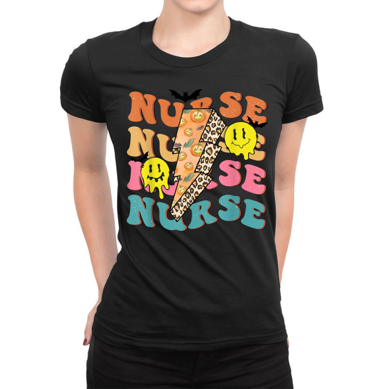 Retro Nurse Pumpkin Leopard Lightning Bolt Nurse Halloween Ladies Fitted T-Shirt by Luxuriate | Artistshot