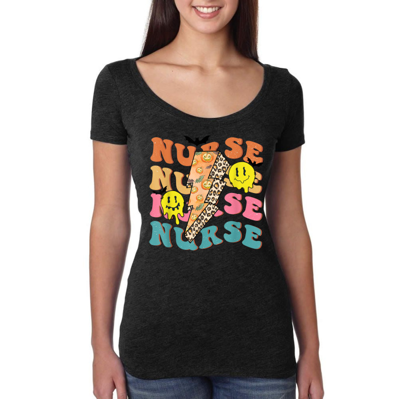 Retro Nurse Pumpkin Leopard Lightning Bolt Nurse Halloween Women's Triblend Scoop T-shirt by Luxuriate | Artistshot