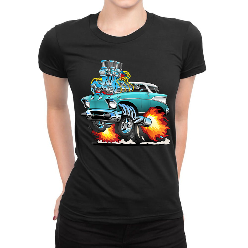 Funny Fifties Style Muscle Car Hot Rod Station Wagon Cartoon Ladies Fitted T-Shirt by GuadalupeRosemarie | Artistshot