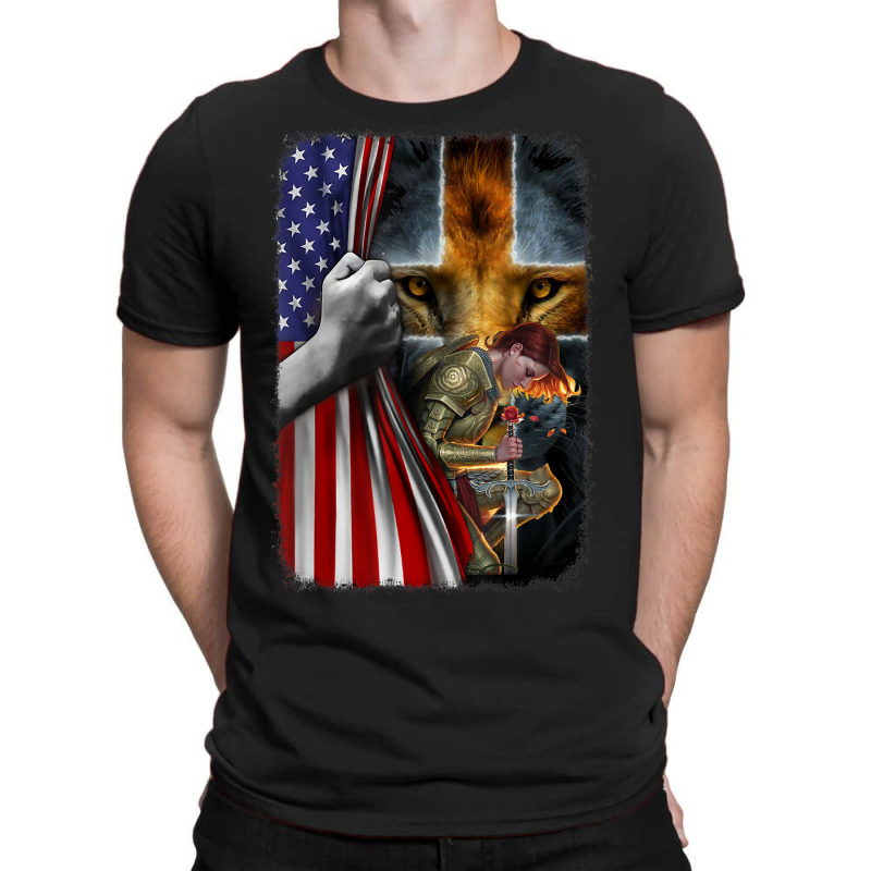 Woman Warrior Of Christian Jesus Lion American Cross Flag T-shirt | Artistshot