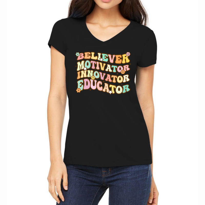 Believer Motivator Innovator Educator Retro Teacher Gifts Women's V-Neck T-Shirt by cm-arts | Artistshot