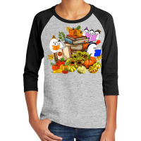 Cute Ghost Book Reading Lover Pumpkins Sunflower Halloween Youth 3/4 Sleeve | Artistshot