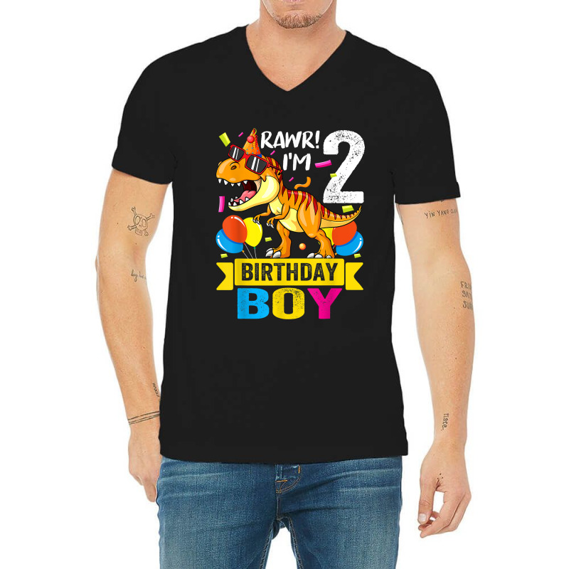 Rawr I'm 2nd Birthday Boy Dinosaur 2 Years Old Party V-neck Tee | Artistshot