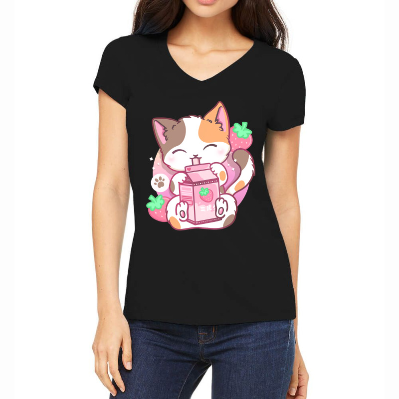 Strawberry Shake Strawberry Milk Cat Kawaii Neko Anime Women's V-Neck T-Shirt by trokeryth | Artistshot