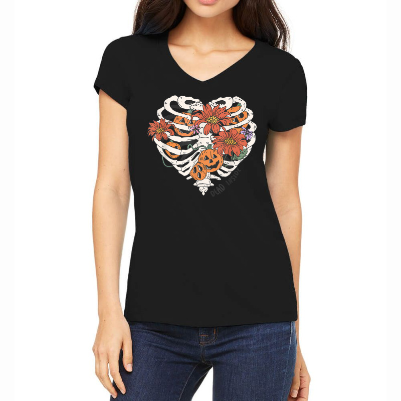 Dead Inside Halloween Skeleton Pumpkin Floral Spooky Season Women's V-Neck T-Shirt by Creed | Artistshot