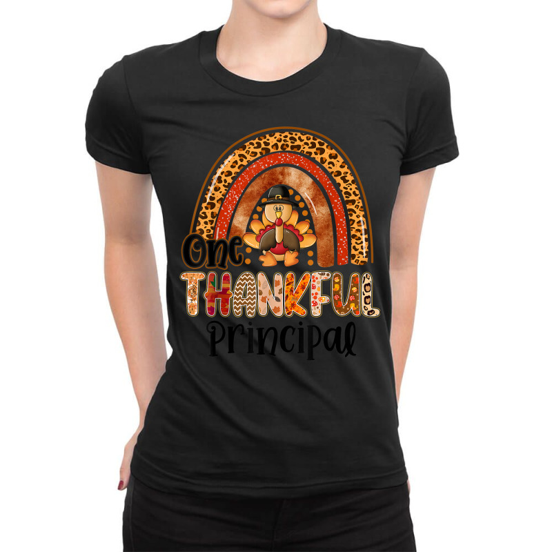 One Thankful Principal Rainbow Turkey Fall Thanksgiving Ladies Fitted T-Shirt by Color | Artistshot