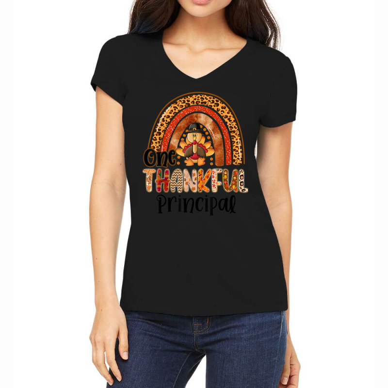 One Thankful Principal Rainbow Turkey Fall Thanksgiving Women's V-Neck T-Shirt by Color | Artistshot