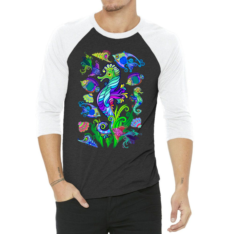 Marine Biologist Ocean Life Drawing Seahorse 3/4 Sleeve Shirt | Artistshot