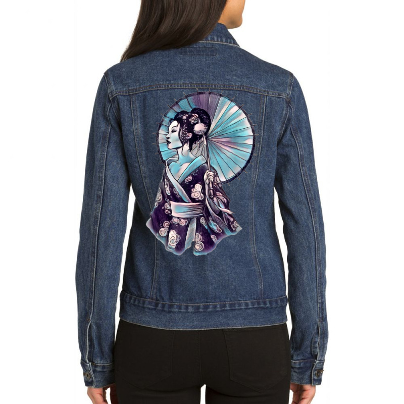 Japanese Geisha Parasol Pretty Tattoo Art Samurai T Shirt Ladies Denim Jacket by Fashlaza | Artistshot