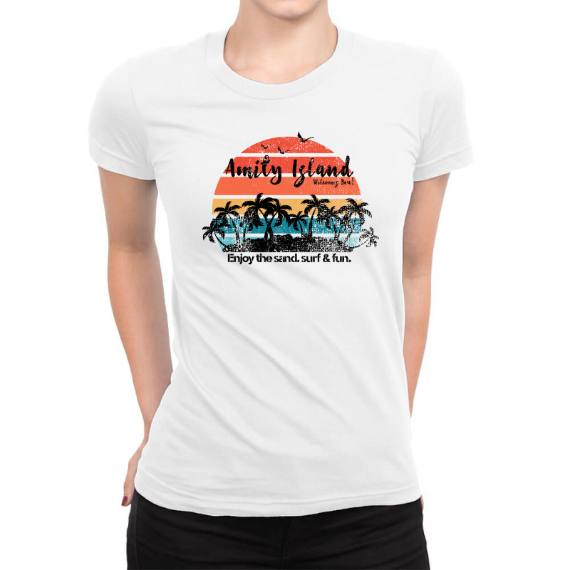 Amity Island Welcomes You Enjoy The Sand Surf And Fun Ladies Fitted T-Shirt by autlu2024 | Artistshot