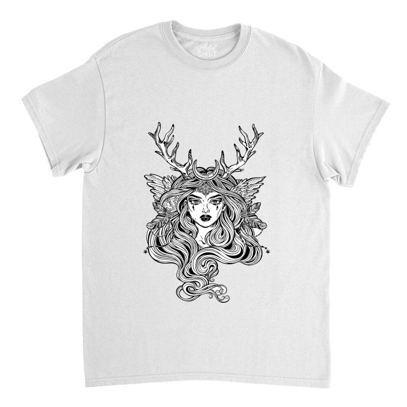 Shaman Elf Magic Woman With Deer Antlers And Long Hair Classic T-shirt by cm-arts | Artistshot