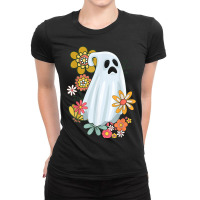 Ghost Vintage Retro Floral Groovy Cute Halloween Graphic Ladies Fitted T-shirt | Artistshot