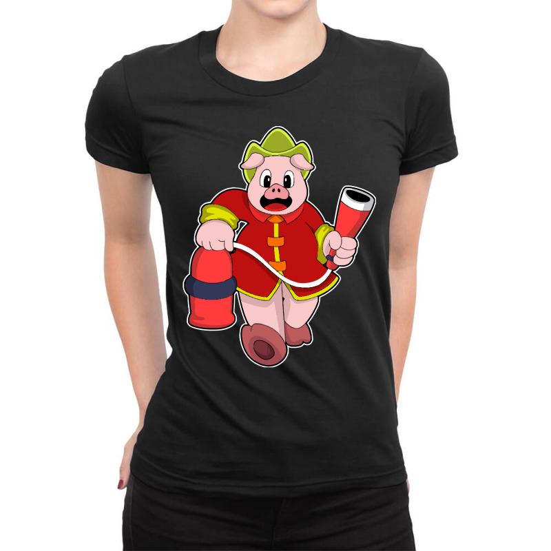 Fire Department T  Shirt Pig As Firefighter With Fire Extinguisher T Ladies Fitted T-Shirt by strategicwastes | Artistshot