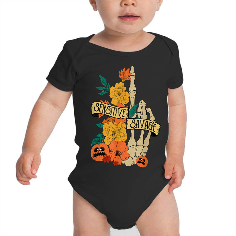 Sensitive Savage Vintage Skeleton Hand Halloween Floral Baby Bodysuit by Fashlaza | Artistshot