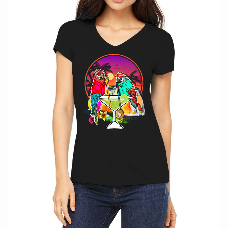 Tropical Summer Vacation Birds  Parrots Drinking Margarita Long Sleeve Women's V-Neck T-Shirt by cm-arts | Artistshot