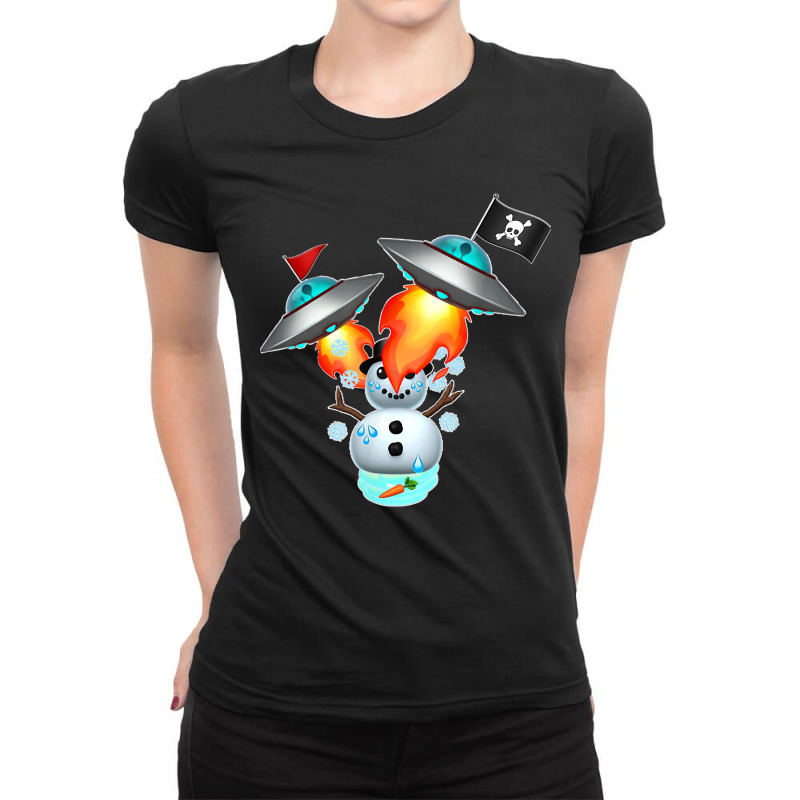 Ufo Bully Alien Invasion Snow Man Meltdown Ladies Fitted T-Shirt by MaryTMcgoffin | Artistshot