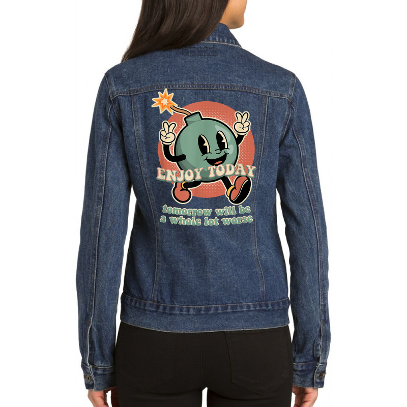 Existential Dread Retro Cartoon Bomb Grenade Nihilism T Shirt Ladies Denim Jacket by cm-arts | Artistshot