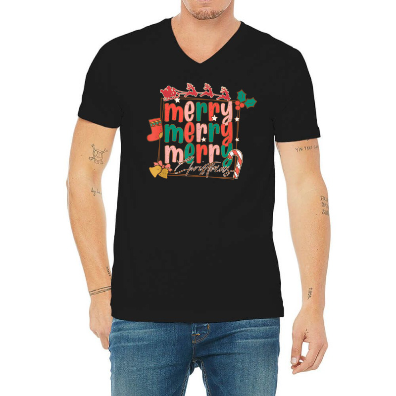 Merry Christmas Family Retro Groovy Santa's Reindeer Sleigh V-neck Tee | Artistshot