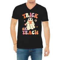 Retro Groovy Trick Or Teach Halloween Floral Ghost Teacher V-neck Tee | Artistshot