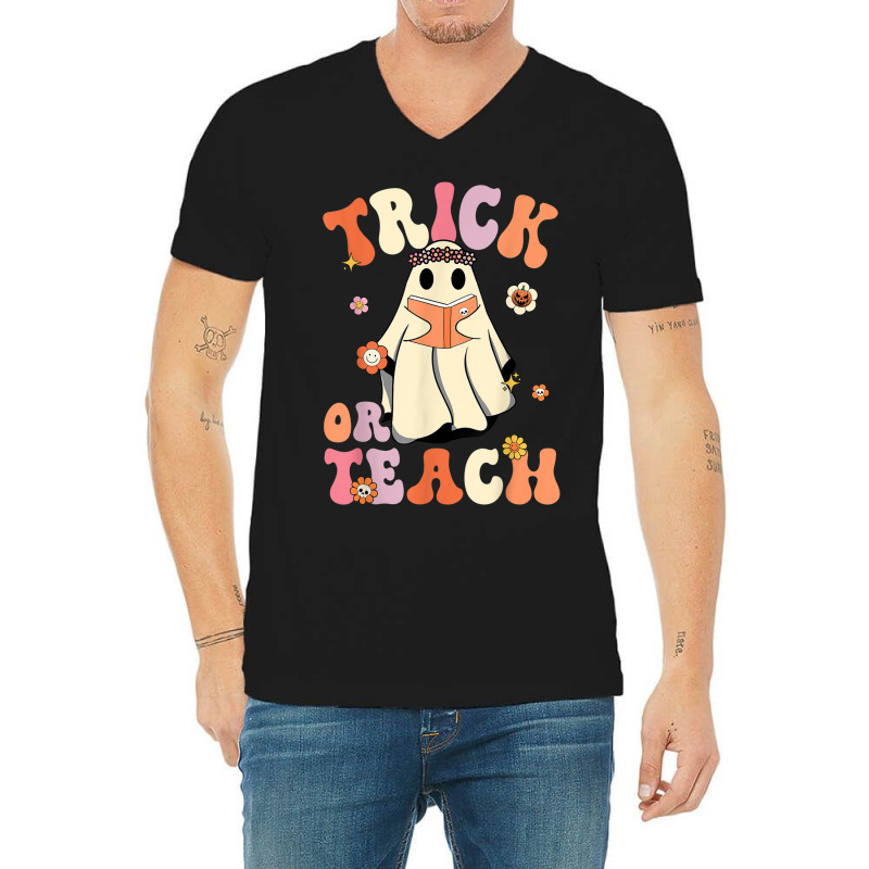 Retro Groovy Trick Or Teach Halloween Floral Ghost Teacher V-neck Tee | Artistshot