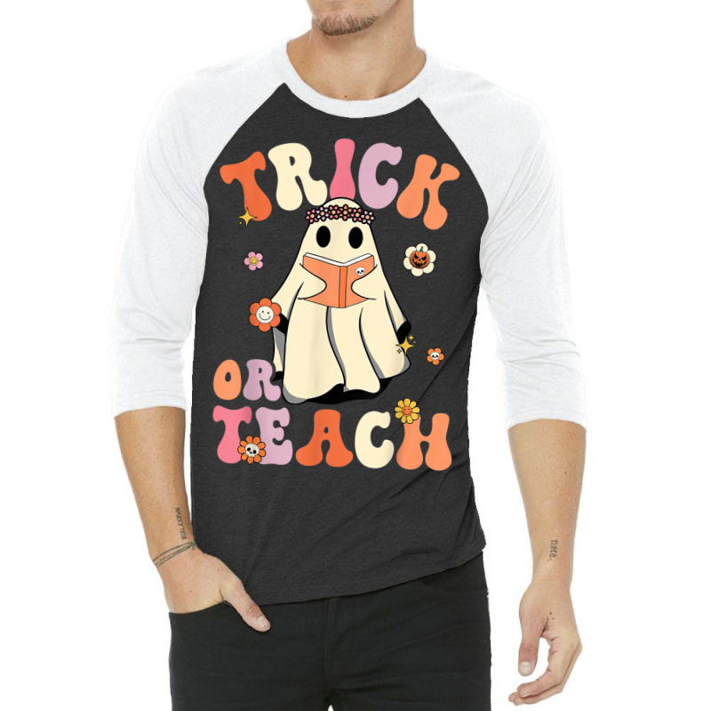 Retro Groovy Trick Or Teach Halloween Floral Ghost Teacher 3/4 Sleeve Shirt | Artistshot